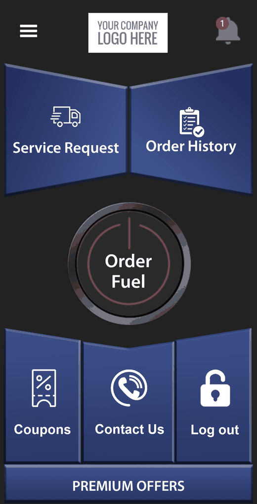 The app home screen with a placeholder panel reading &ldquo;Your company logo here&rdquo; above Service Request, Order History, a large Order Fuel button, Coupons, Contact Us and Log out.