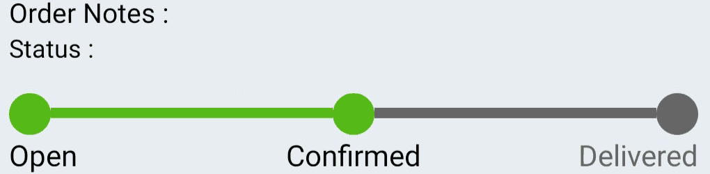 An order&rsquo;s status track: Open and Confirmed marked complete in green, and Delivered still ahead in grey.
