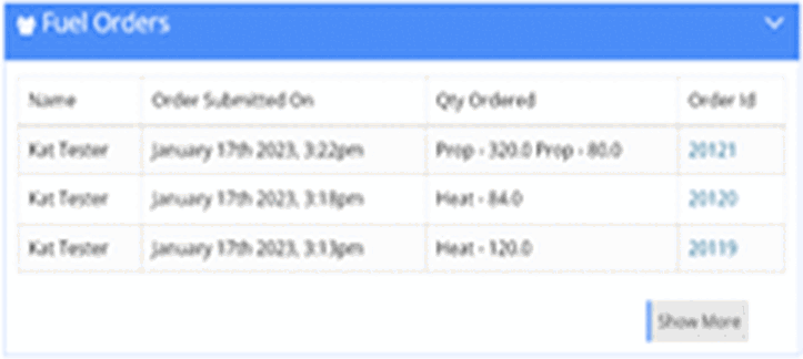 The Fuel Orders panel of the web dashboard: a table with Name, Order Submitted On, Qty Ordered and Order Id columns, three January 17th 2023 orders for propane and heating oil, and a Show More button.